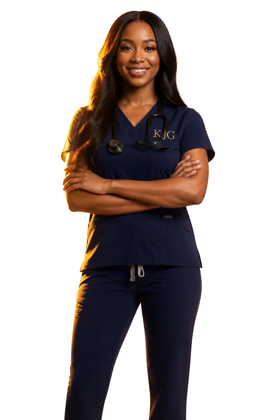KJG medical assistant student in navy scrubs with a stethoscope, arms crossed and smiling